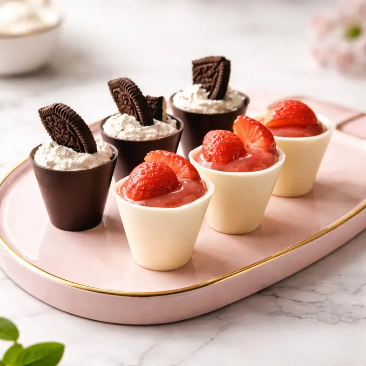 Tamne i bele čokoladne čašice punjene kremom, Oreo kolačićem i jagodama na ružičastom tanjiru