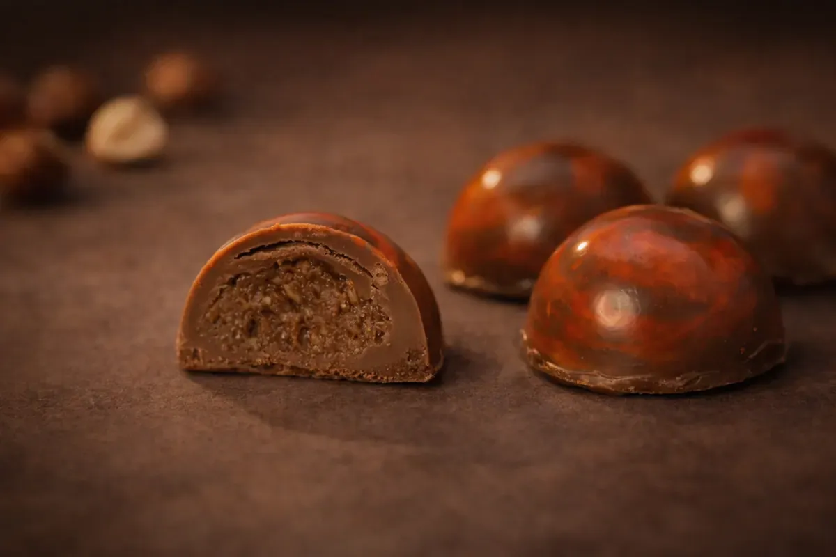 Čokoladne praline sa lešnikom, jedna presečena da se vidi punjenje